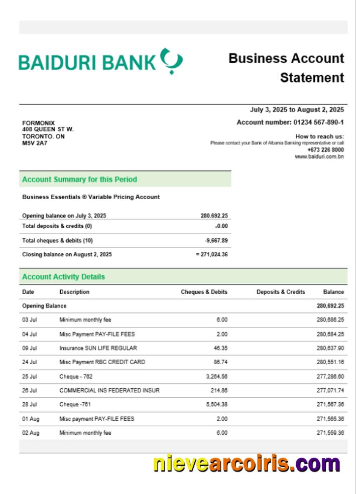 Baiduri Bank business account statement